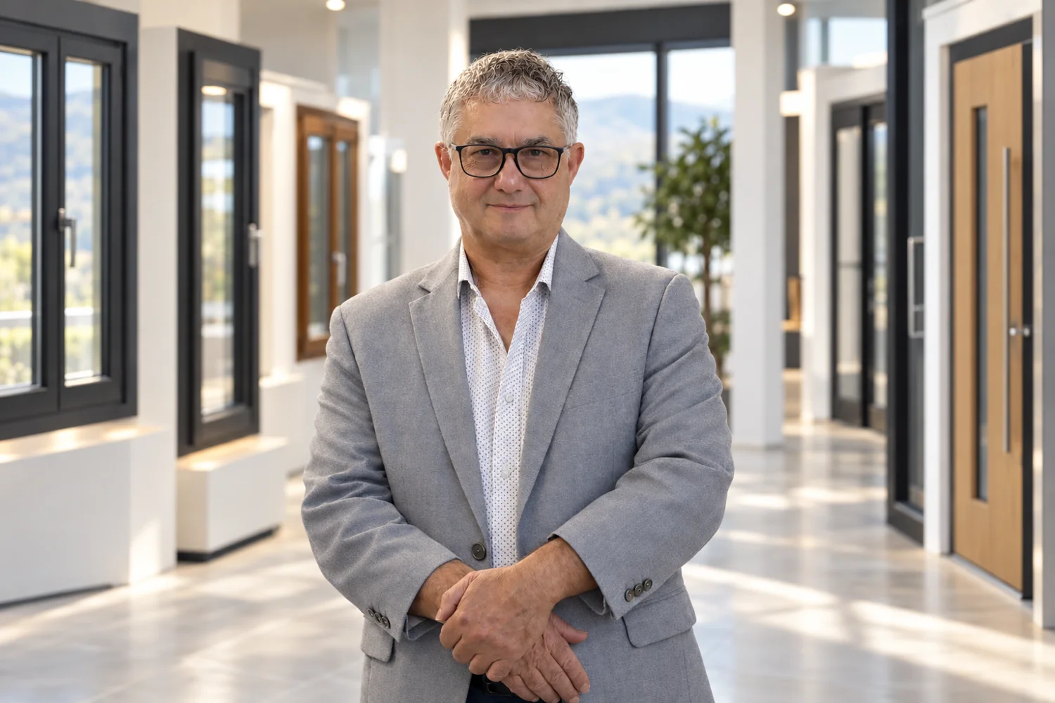Antonio Crupi con giacca grigia in uno showroom di serramenti