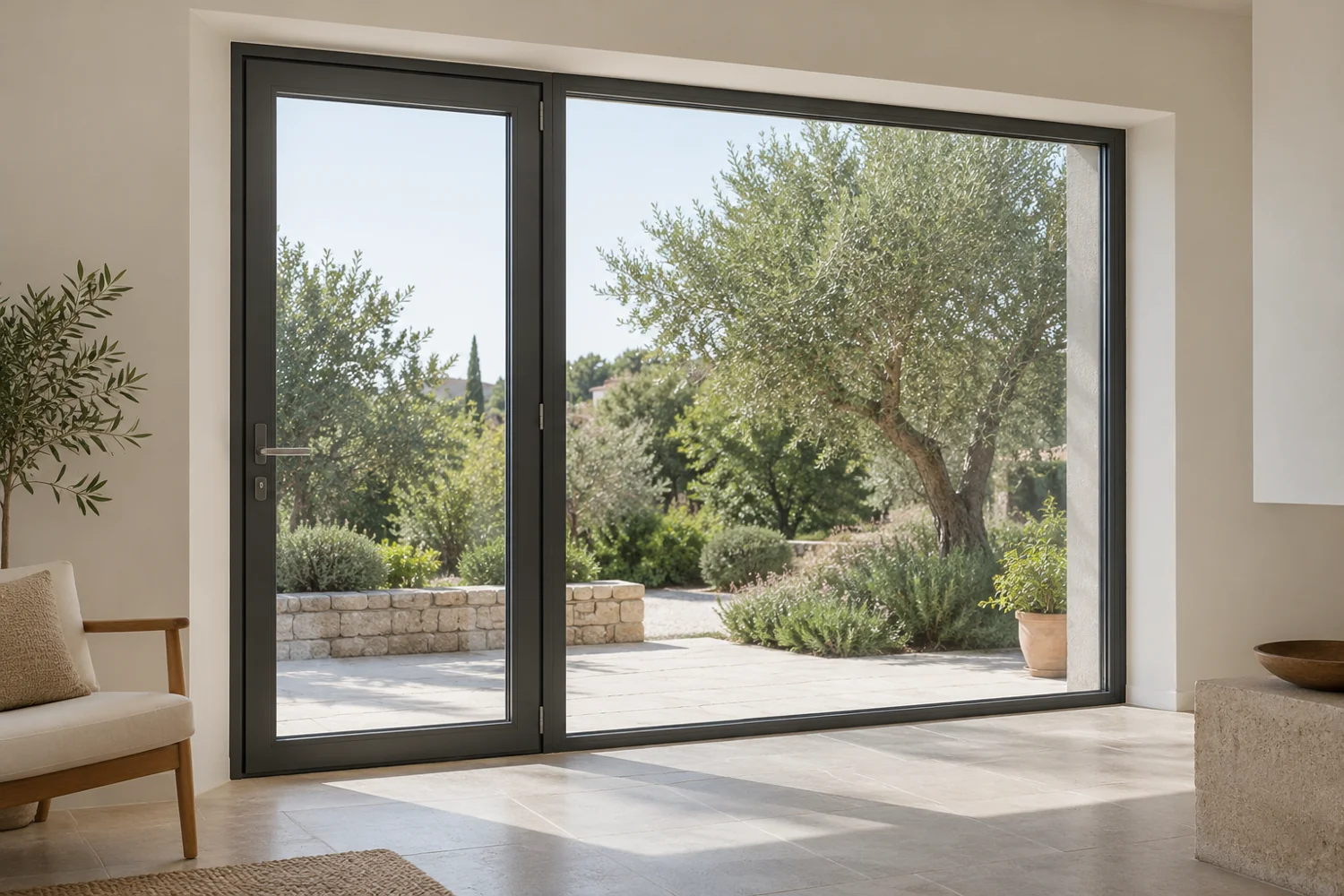 Immagine illustrativa di una portafinestra in alluminio antracite con pannello vetrato fisso affacciata su un giardino