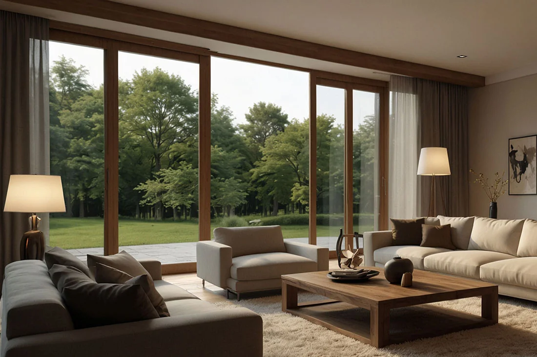 Ambiente arredato con grandi serramenti e finitura interna in legno dai materiali Kira per la gamma alluminio-legno