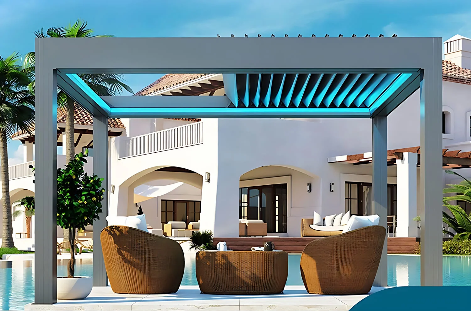 Pergola bioclimatica con lamelle orientabili su un terrazzo